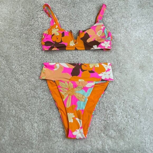 Aerie Floral Hi Cut Cheeky Bottom Scoop Top Swim Set Large NEW - Picture 1 of 10